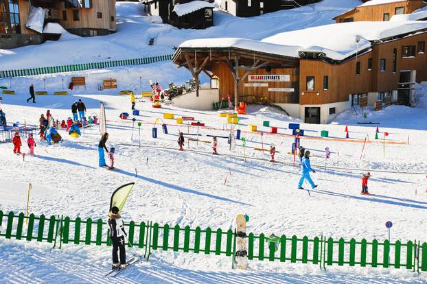 ski children zone in Avoriaz town in Alps, France