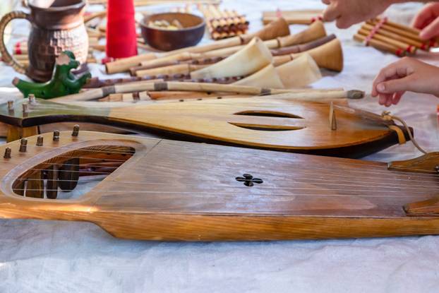 wooden stringed instruments wooden lute and harp close-up
