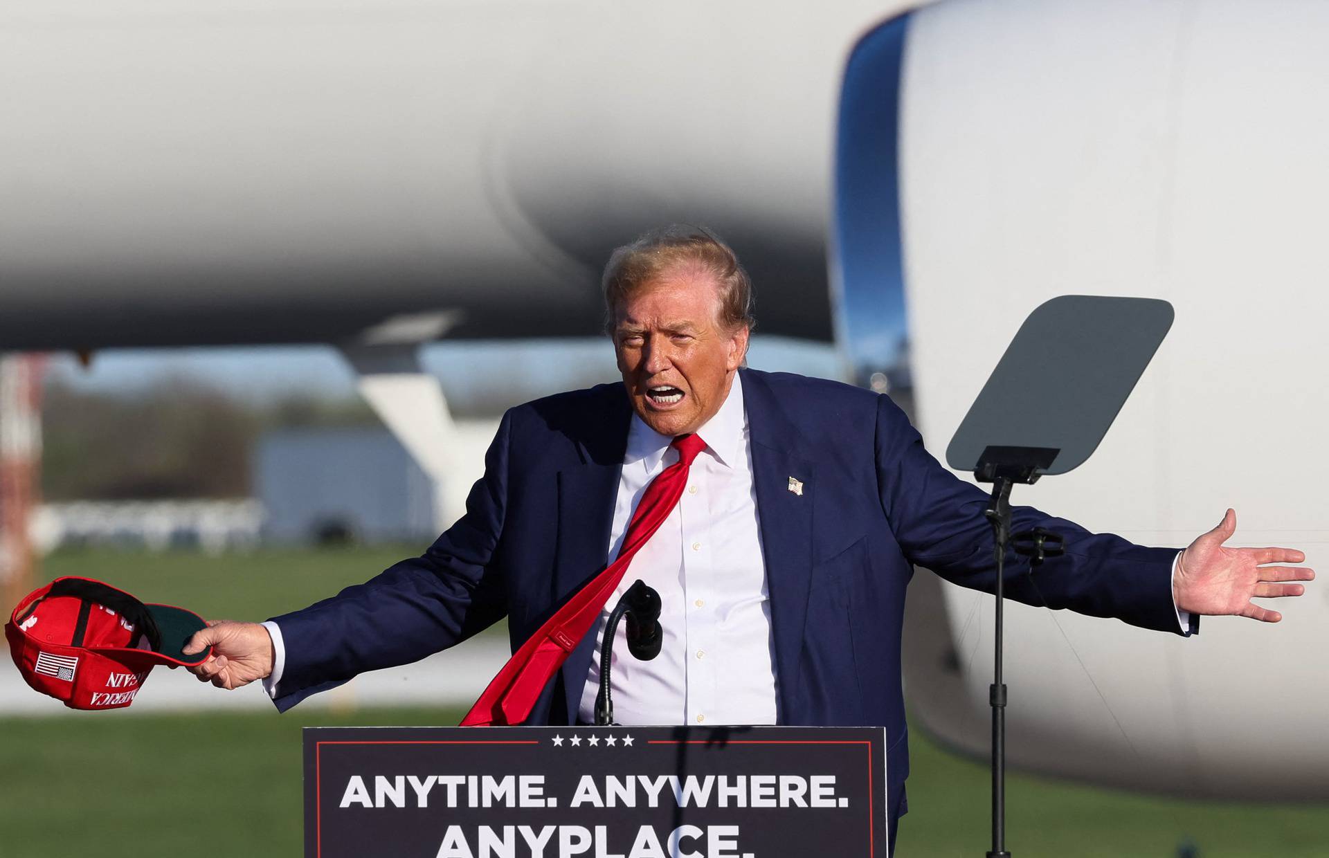 Republican presidential candidate and former U.S. President Donald Trump hosts a campaign event in Freeland