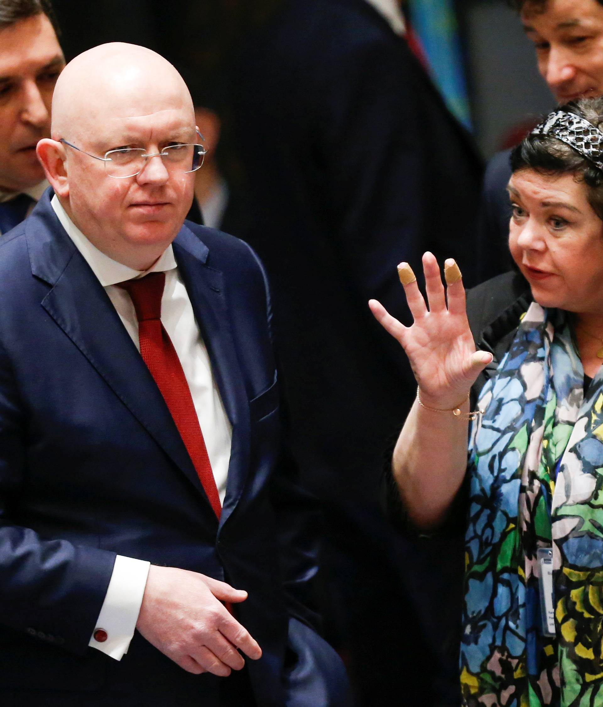 Pierce, UK Ambassador to the United Nations talks with Russian Ambassador to the United Nations Nebenzya before the emergency United Nations Security Council meeting on Syria at the U.N. headquarters in New York