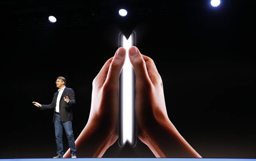 Justin Denison, Samsung Electronics senior vice president of Mobile Product Marketing, speaks during the unveiling of Samsung's new foldable screen smart phone, during the Samsung Developers Conference in San Francisco