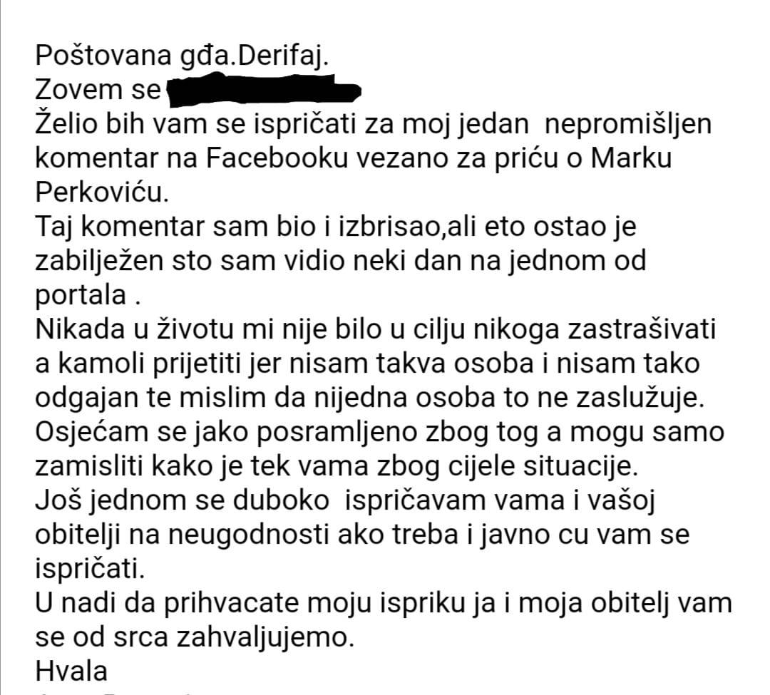 Danka Derifaj objavila poruku isprike od čovjeka koji joj je prijetio zbog slučaja Thompson