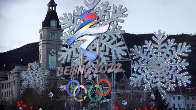 Installation featuring an emblem of the Beijing 2022 Winter Olympics is seen on a street in Chongli, Zhangjiakou, Hebei