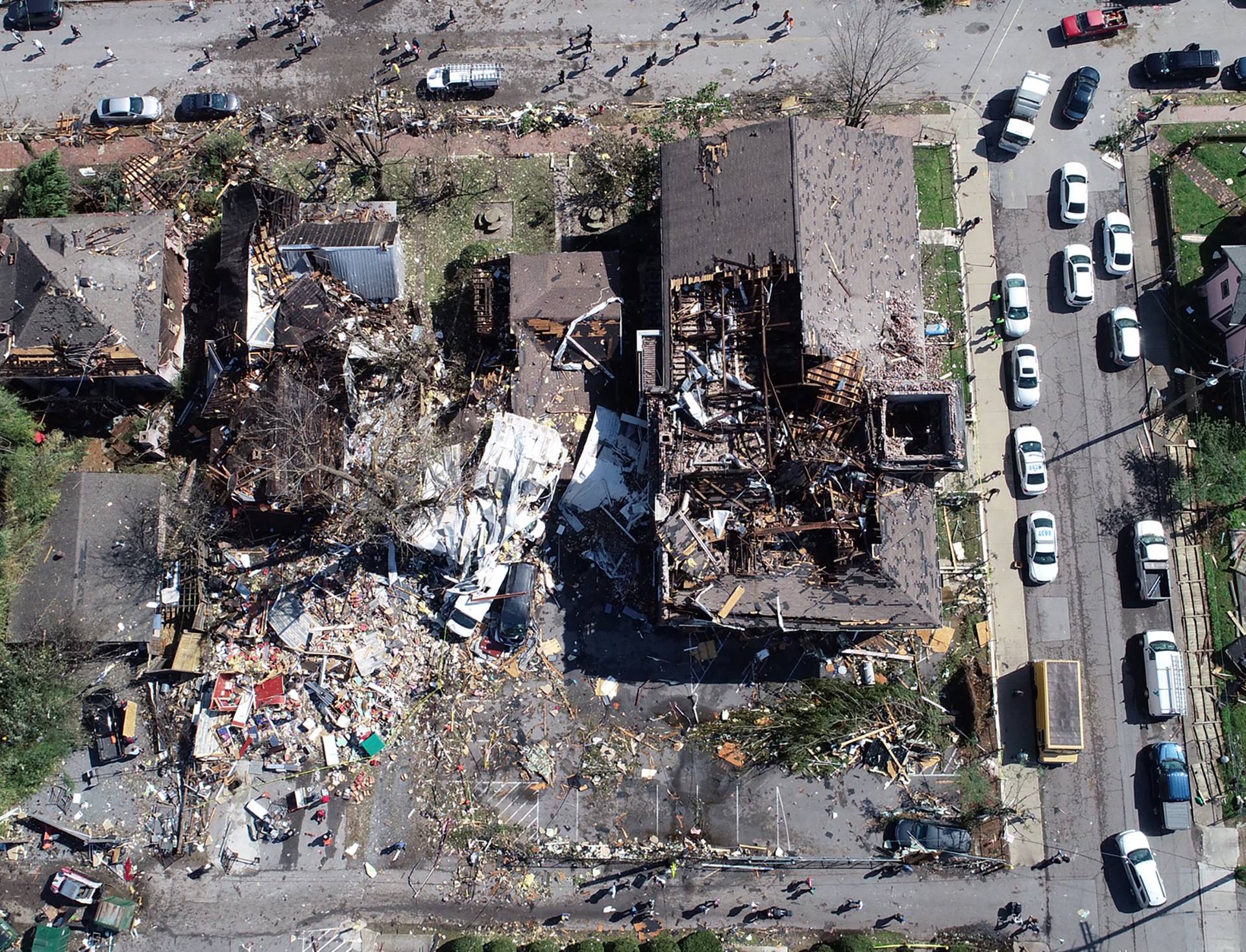 Damage is seen in an aerial picture after a tornado touched down in eastern Nashville