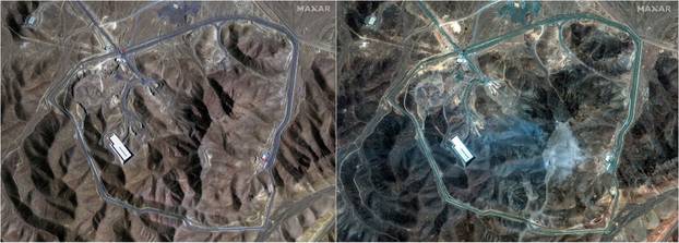 A combination picture shows satellite images over Fordow underground complex, before and after the U.S. struck the underground nuclear facility, near Qom