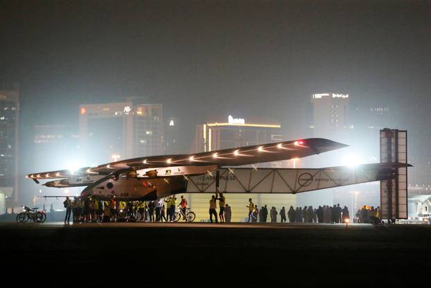 Solar Impulse 2, a solar powered plane, arrives at an airport in Abu Dhabi, UAE