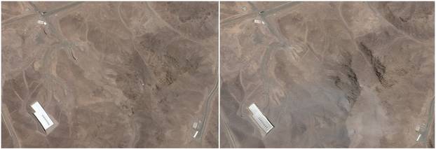 A combination picture shows satellite images over Fordow, before and after the U.S. struck the underground nuclear facility, near Qom