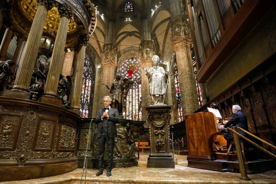 Italian opera singer Andrea Bocelli participates in ''Music for hope'' event at an empty Duomo Cathedral in Milan