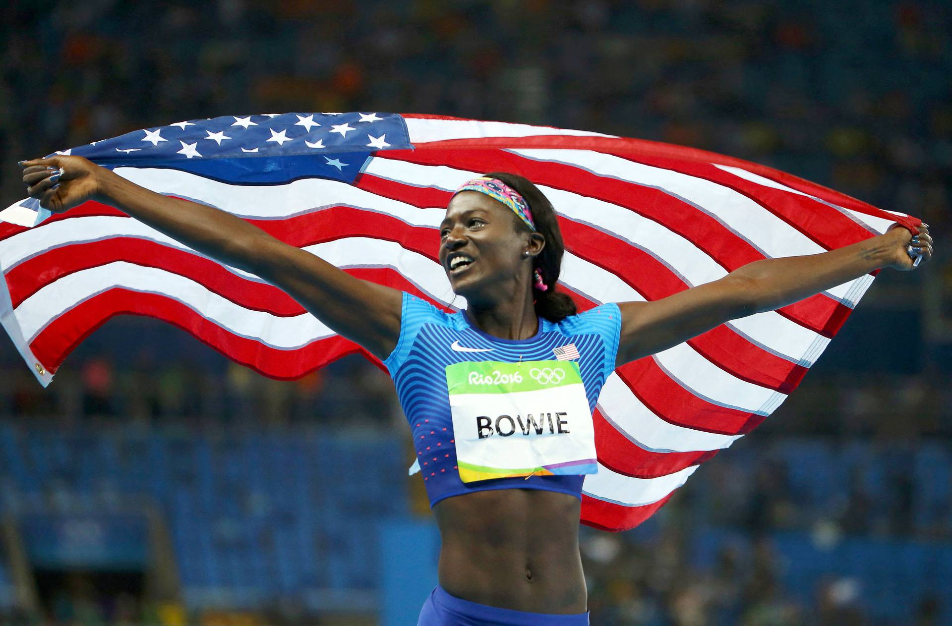 FILE PHOTO: Tori Bowie of the United States celebrates her silver medal at the 2016 Rio Olympics