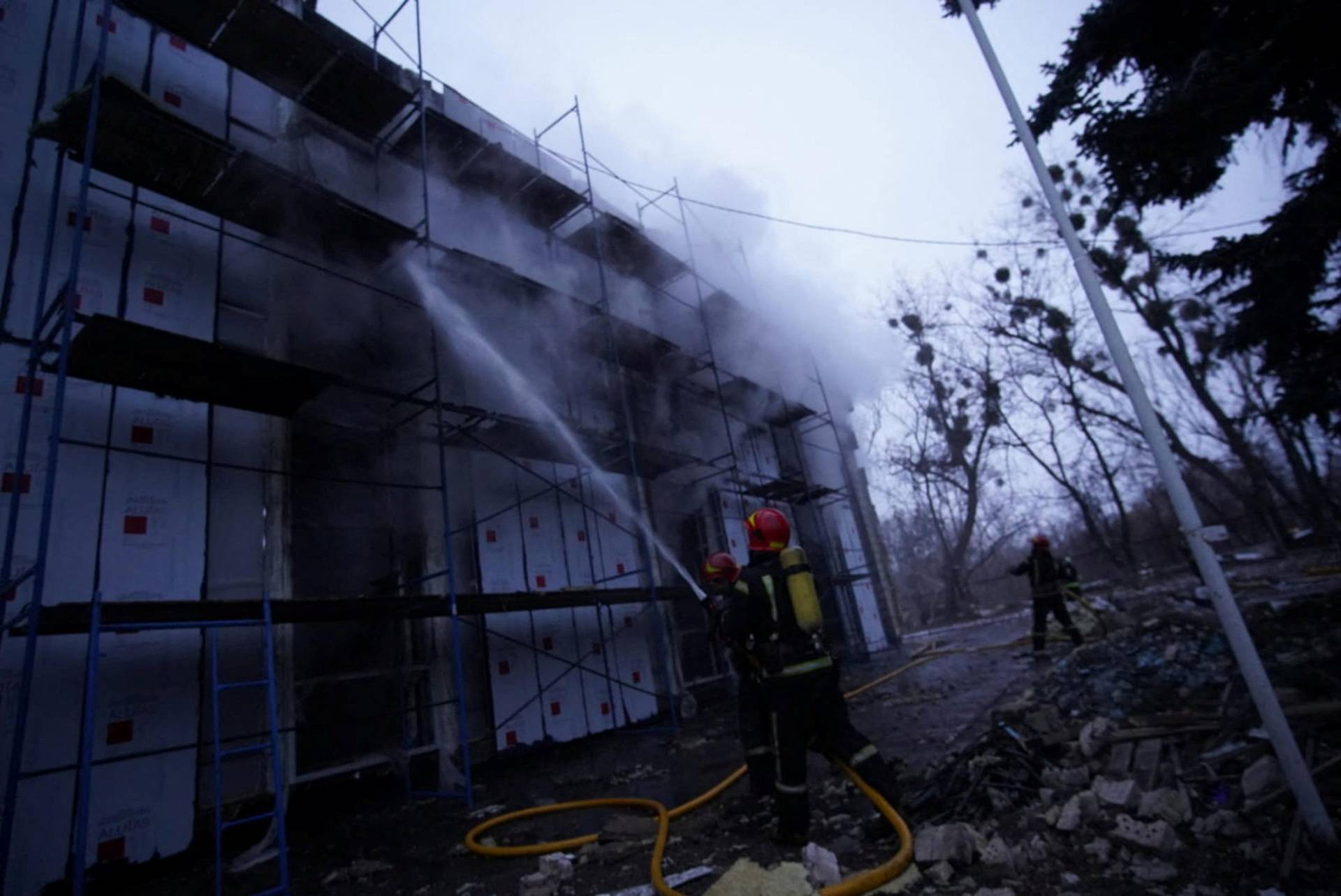 A view shows an affected area following an attack on a television tower in Kyiv