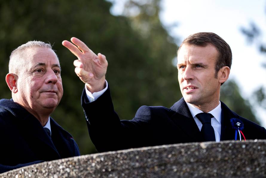 French President Emmanuel Macron Emmanuel Macron and the Mayor of Les Eparges Xavier Pierson visit the Point X monument in Les Eparges