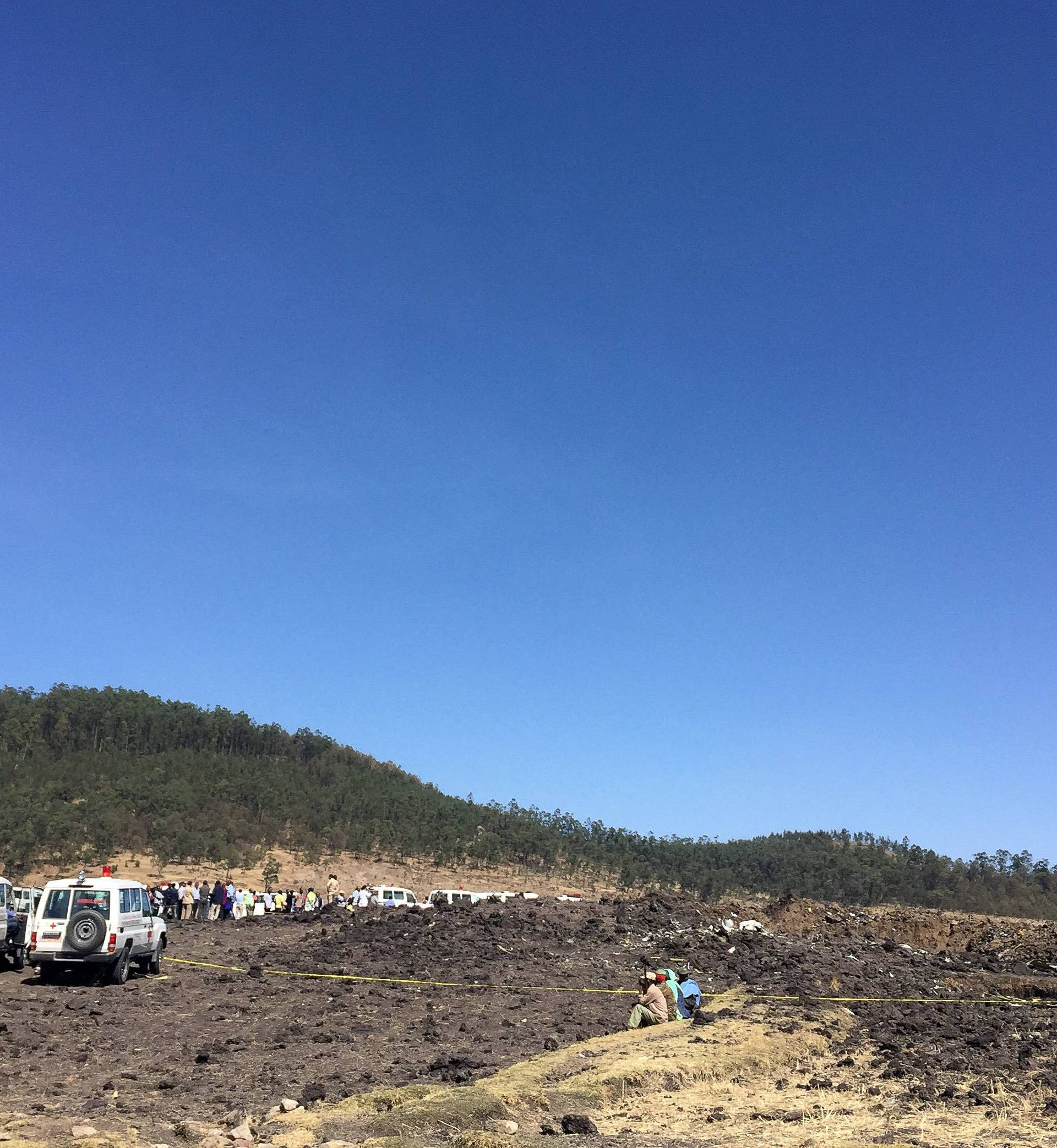 A general view shows the scene of the Flight ET 302 plane crash, near the town of Bishoftu, southeast of Addis Ababa