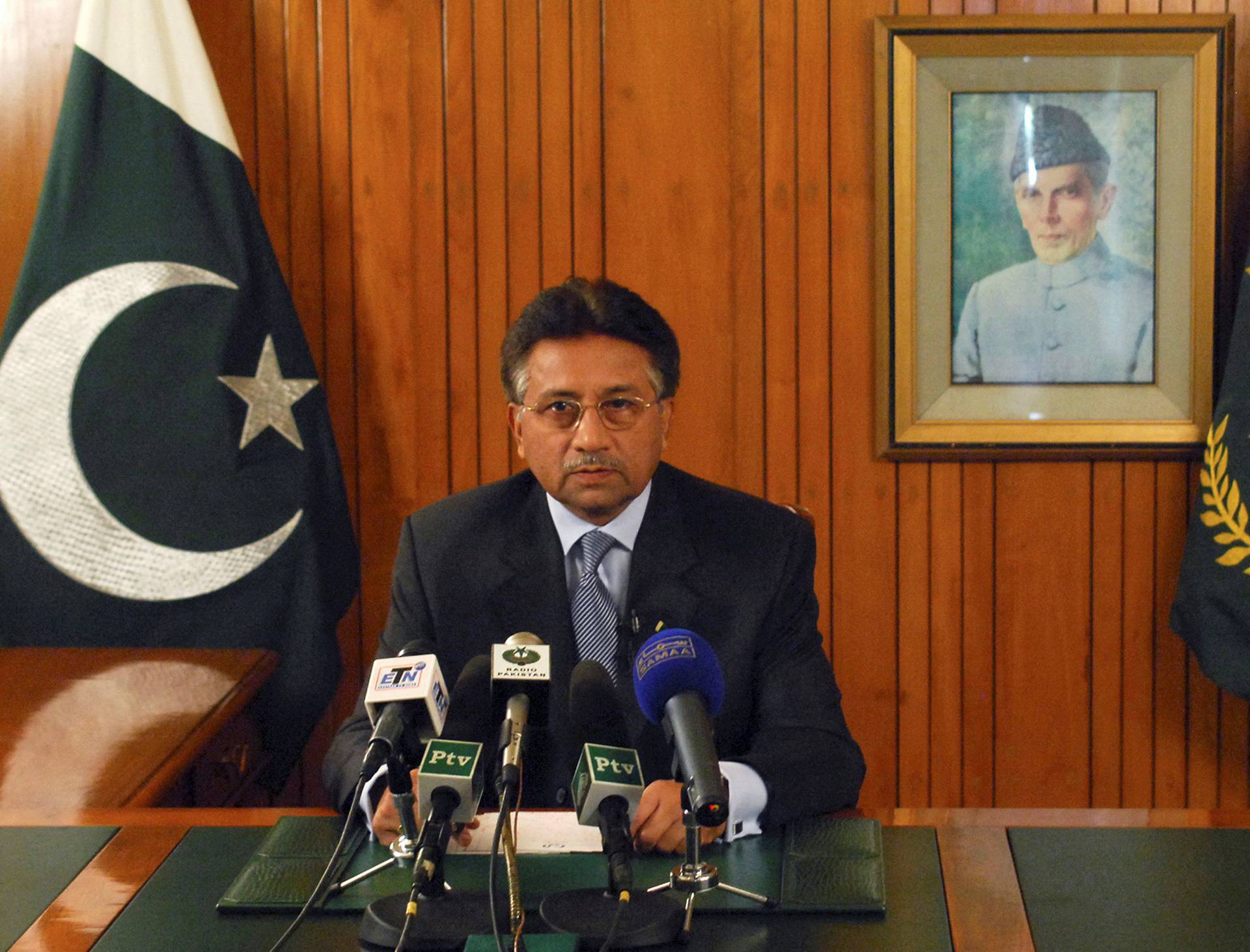 FILE PHOTO: Pakistan's President Pervez Musharraf speaks in a televised address to the nation in Islamabad