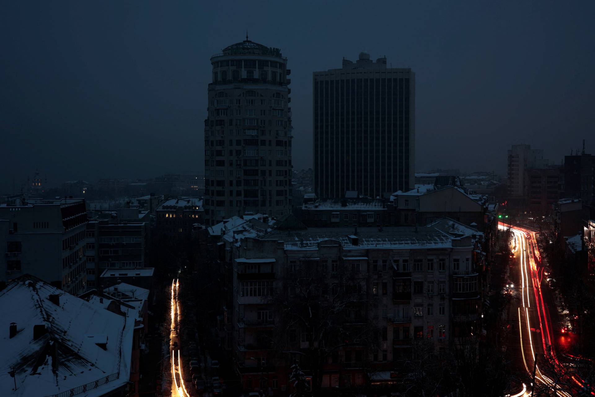 A view shows the city without electricity after critical civil infrastructure was hit by Russian missile attacks in Kyiv