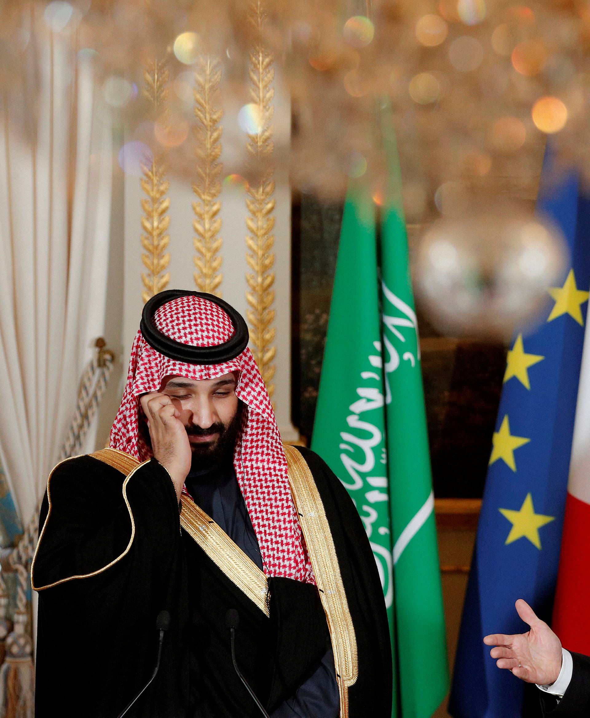 French President Emmanuel Macron and Saudi Arabia's Crown Prince Mohammed bin Salman attend a press conference at the Elysee Palace in Paris