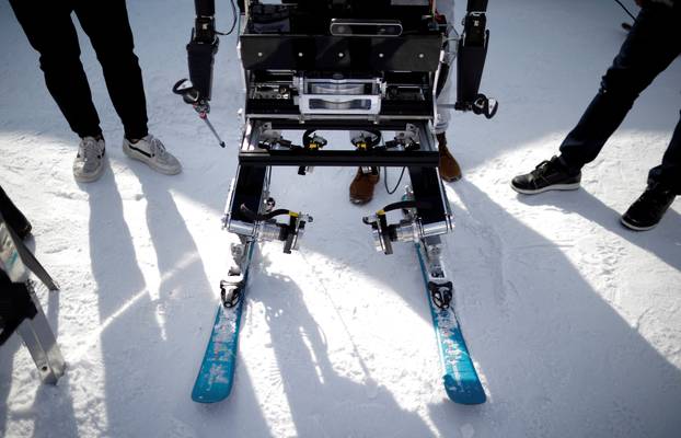 A robot takes part in the Ski Robot Challenge at a ski resort in Hoenseong,