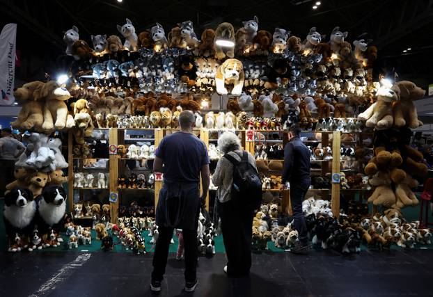 People look at a toy stand during the second day of Crufts dog show in Birmingham