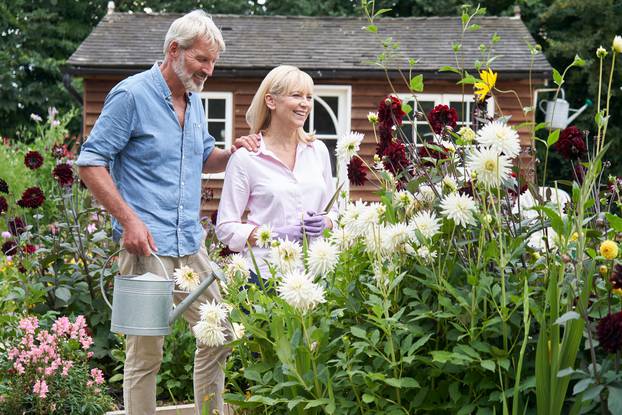 Mature Couple Working In Flower Beds In Garden At Home