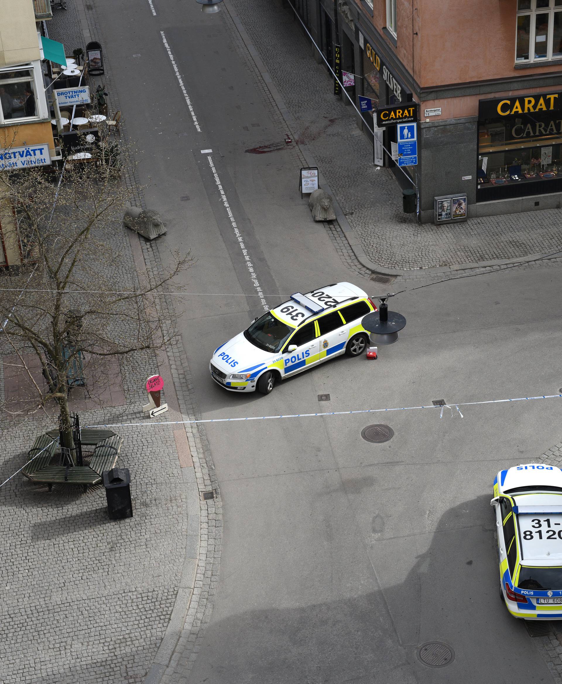 A view of the street near the site were a truck was driving into a crowd in central Stockholm