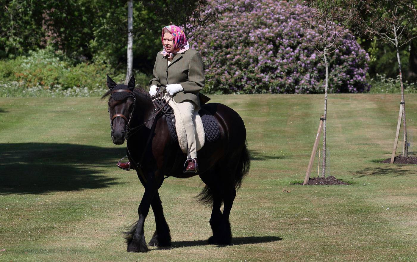Britain's Queen Elizabeth II rides Balmoral Fern, a 14-year-old Fell pony, in Windsor Home Park