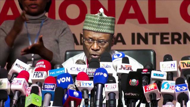 Independent National Election Commission (INEC) Chairman Mahmood Yakubu declares Nigeria's ruling party candidate Bola Tinubu the winner of the presidential election, in Abuja