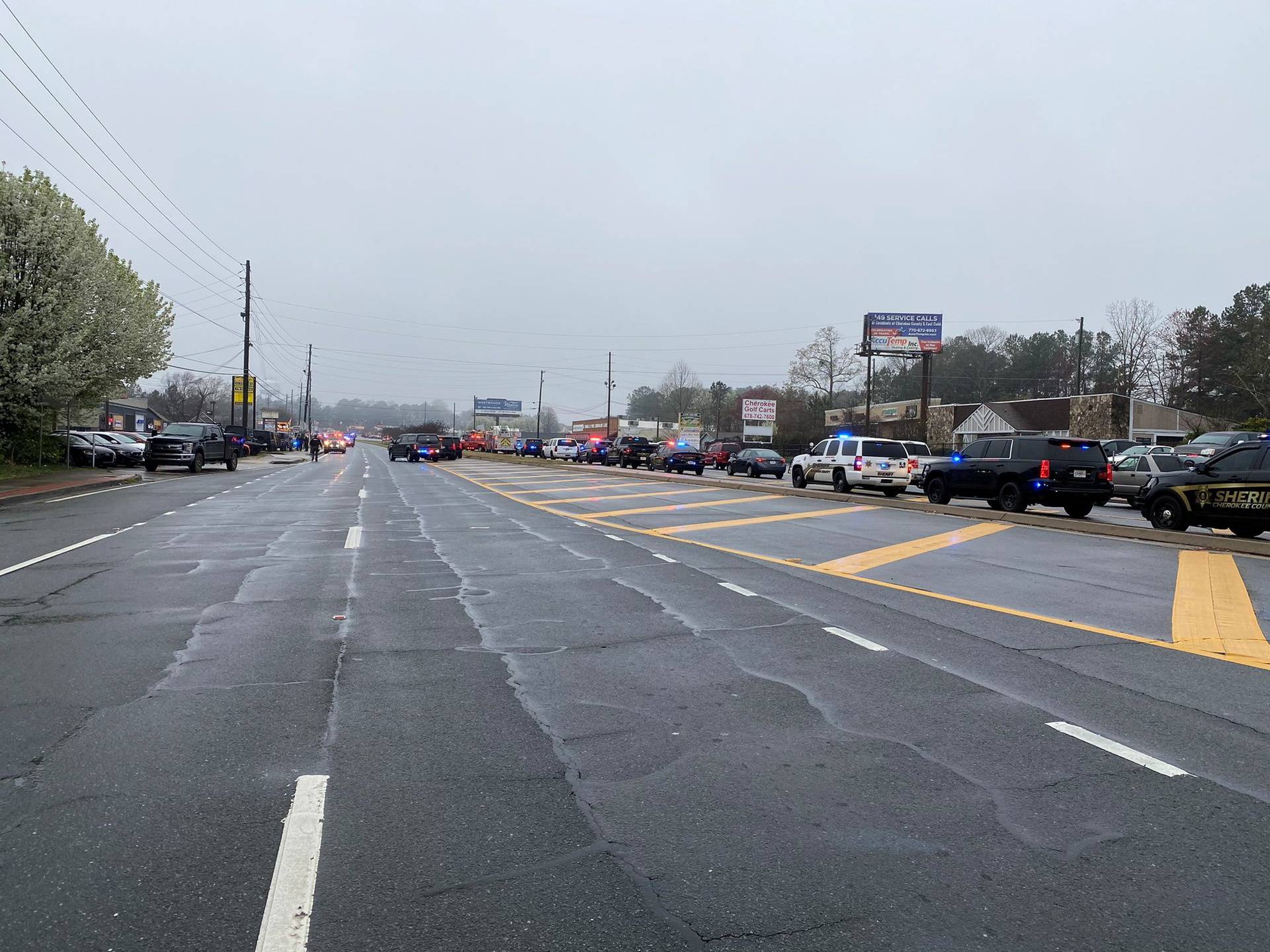 Police vehicles are seen in this image provided on the Twitter account of Cherokee Sheriff's Office