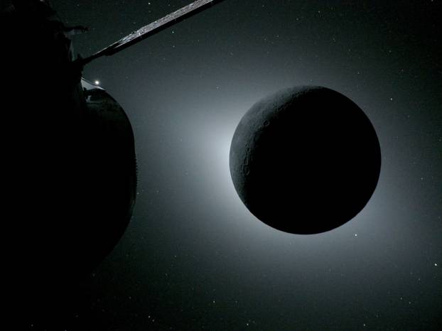 The Moon is seen fully eclipsed by the Sun during the Artemis II crew’s flyby of the Moon