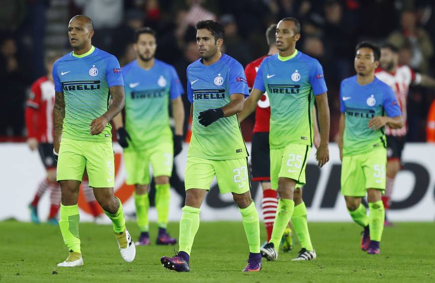 Inter Milan's Eder and teammates look dejected after the match