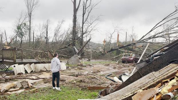 Video grab of damage and debris in the aftermath of a tornado in Centreville, Alabama, U.S.