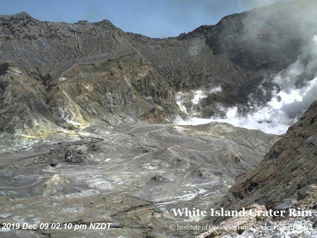 An aeriel view shows hikers walking on the crater rim of Whakaari, also known as White Island, shortly before the volcano erupted in New Zealand