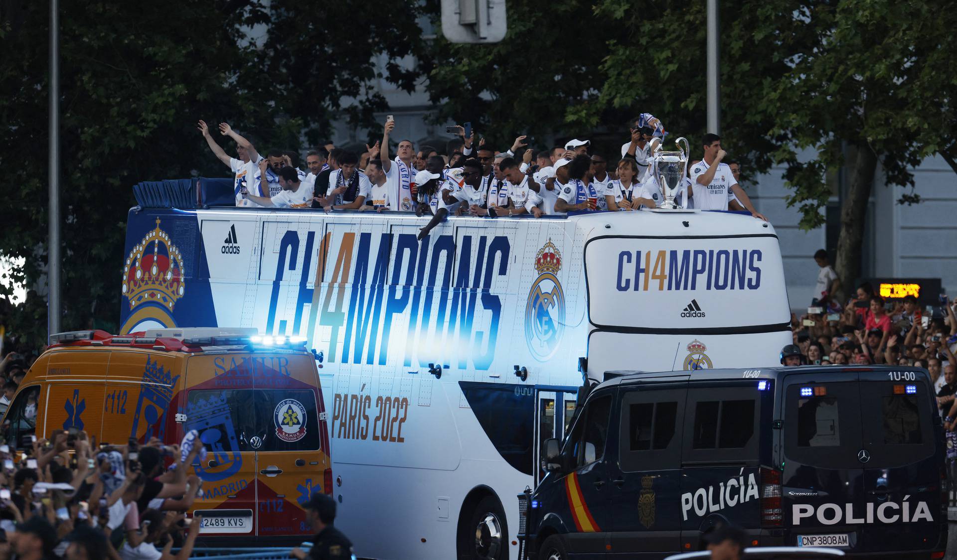 Real Madrid celebrate winning the Champions League Final with an open top bus parade