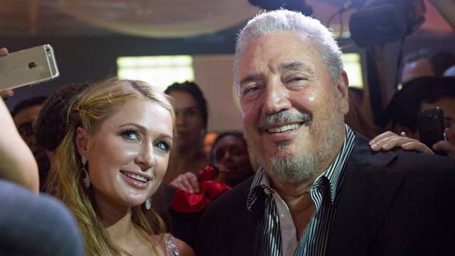 FILE PHOTO: Fidel Castro Diaz-Balart poses with Hilton during the gala dinner of the XVII Habanos Festival, in Havana