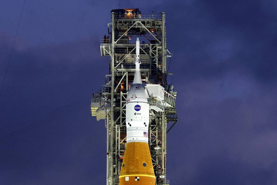 NASA's Artemis II mission, Space Launch System (SLS) rocket with the Orion crew capsule, at the Kennedy Space Center in Cape Canaveral