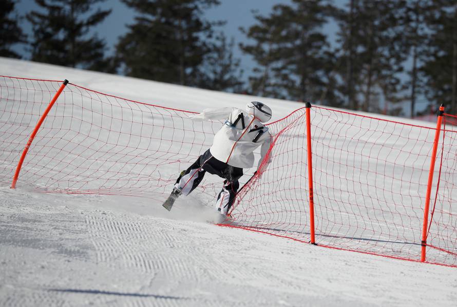 A robot crashes during the Ski Robot Challenge at a ski resort in Hoenseong