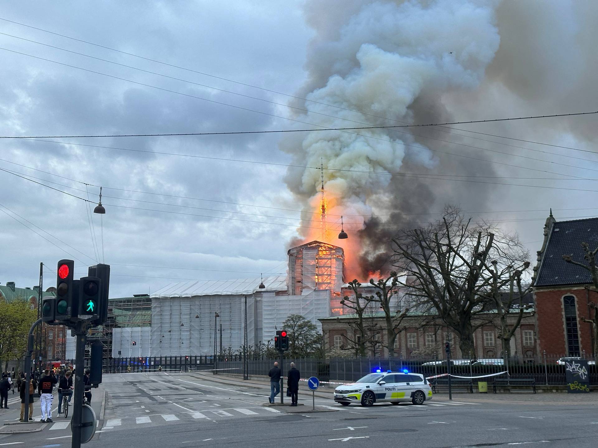 Smoke billows during a fire at the Old Stock Exchange, Boersen, in Copenhagen