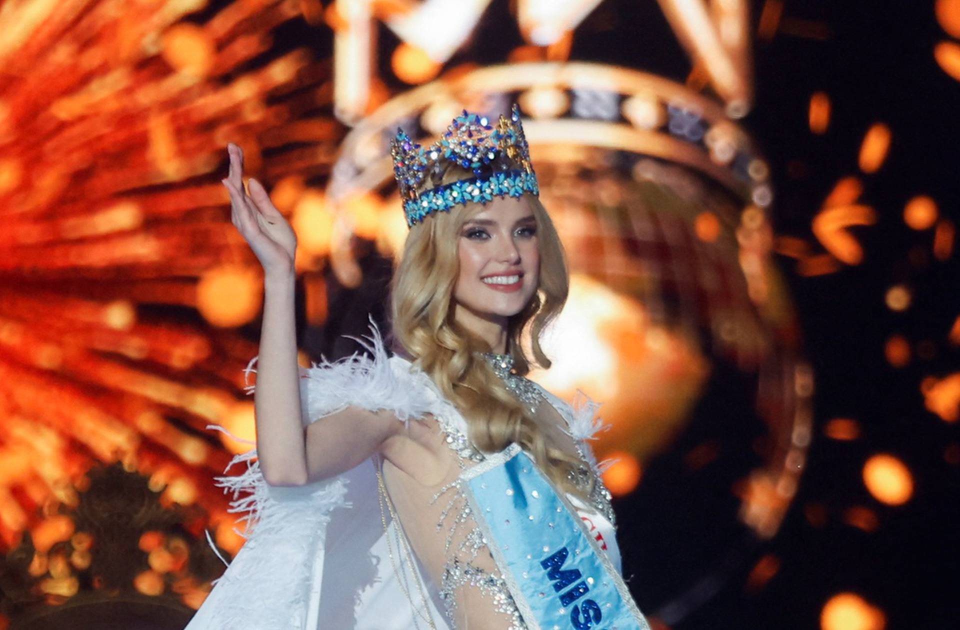 Czech Republic's Krystyna Pyszkova waves after being crowned Miss World at the 71st Miss World finale in Mumbai