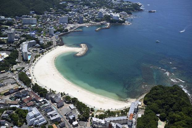 Photo taken from a Kyodo News helicopter shows a deserted bathing beach in Shirahama
