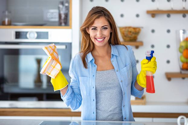 Young,Woman,Doing,House,Chores.,Woman,Holding,Cleaning,Tools.,Woman