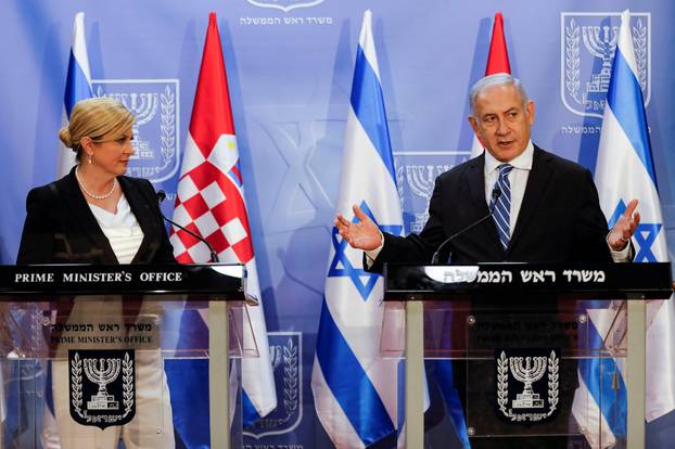 Israeli Prime Minister Benjamin Netanyahu gestures as he delivers a joint press conference with Croatia