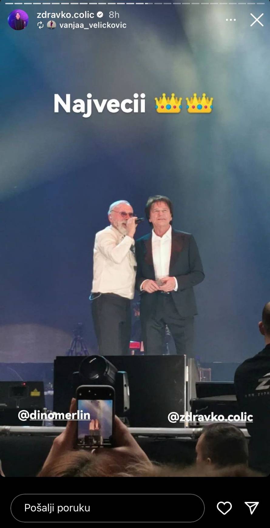 Merlin na koncertu u Beogradu izveo Čolića na binu: 'Slušao ga kao mali, a sad smo tu zajedno'