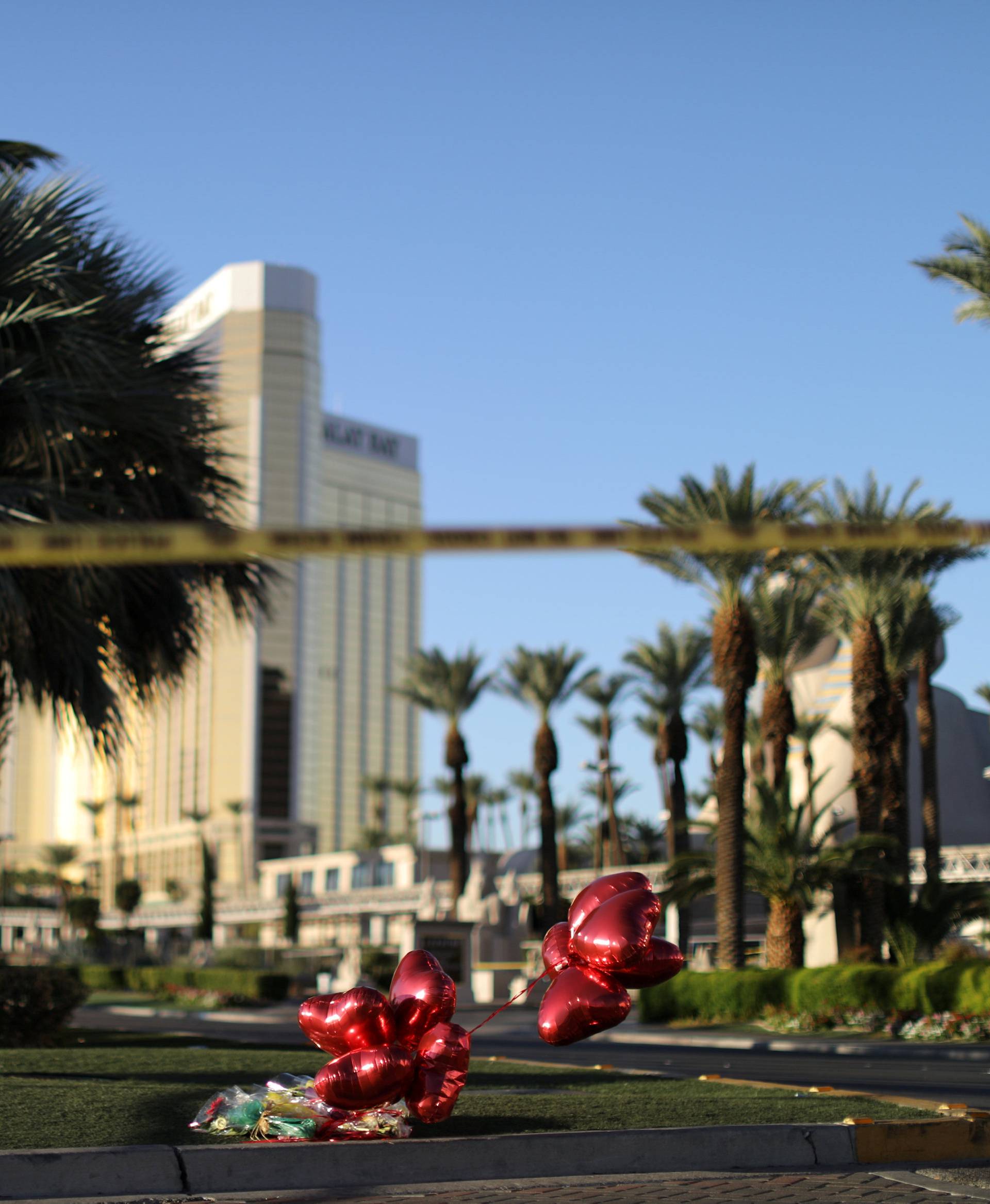 A makeshift memorial is seen next to the site of the Route 91 music festival mass shooting outside the Mandalay Bay Resort and Casino in Las Vegas