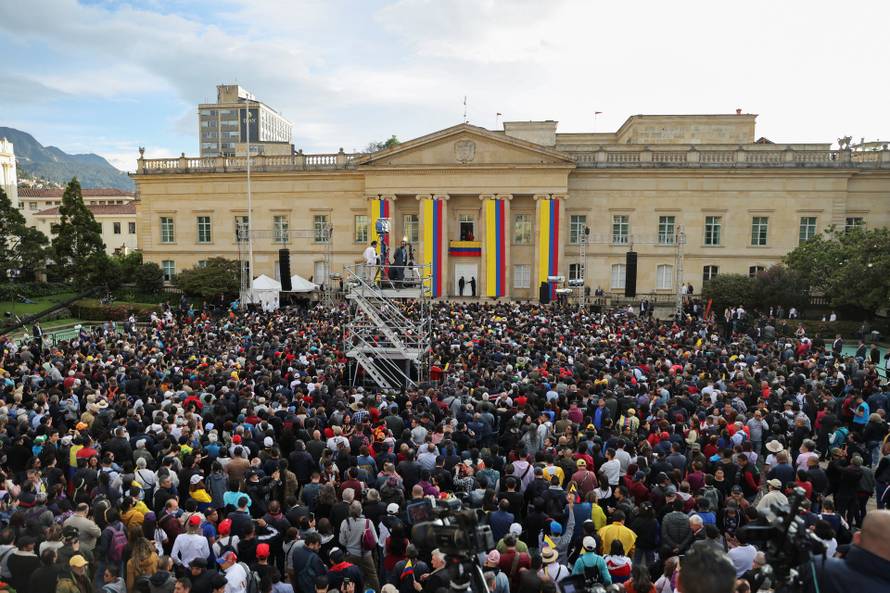 Colombia's President Gustavo Petro gives a public statement about the health system reform in Bogota