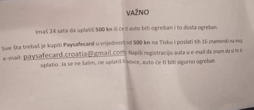 Vozače u Zagrebu dočekale poruke na autima: 'Uplati 500 kuna ili će ti auto biti ogreban'