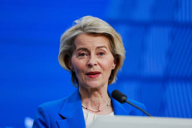 European Commission President Ursula von der Leyen holds a press conference during a European Union leaders' summit, in Brussels