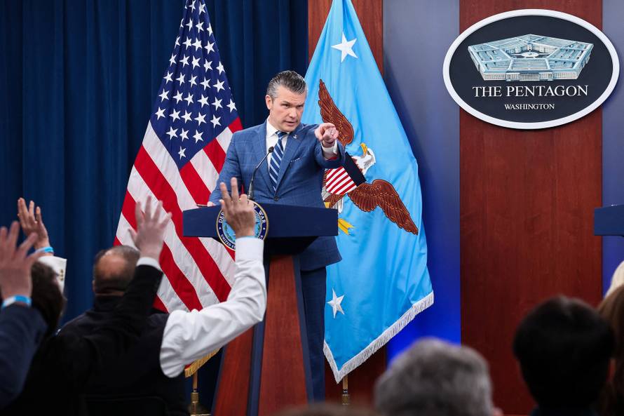 U.S. Secretary of Defense Pete Hegseth holds a press briefing, at the Pentagon in Washington