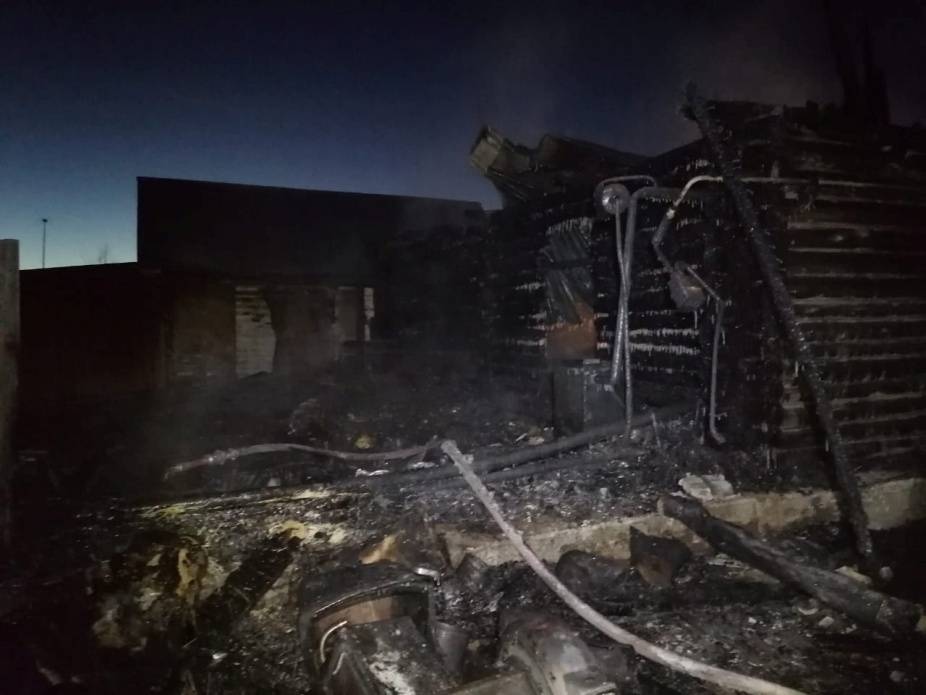 A view shows a burnt building at a retirement home in Ishbuldino