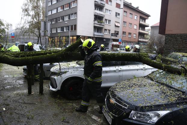 Zagreb:  Nevrijeme i jak vjetar ruše drveće koje pada po automobilima 