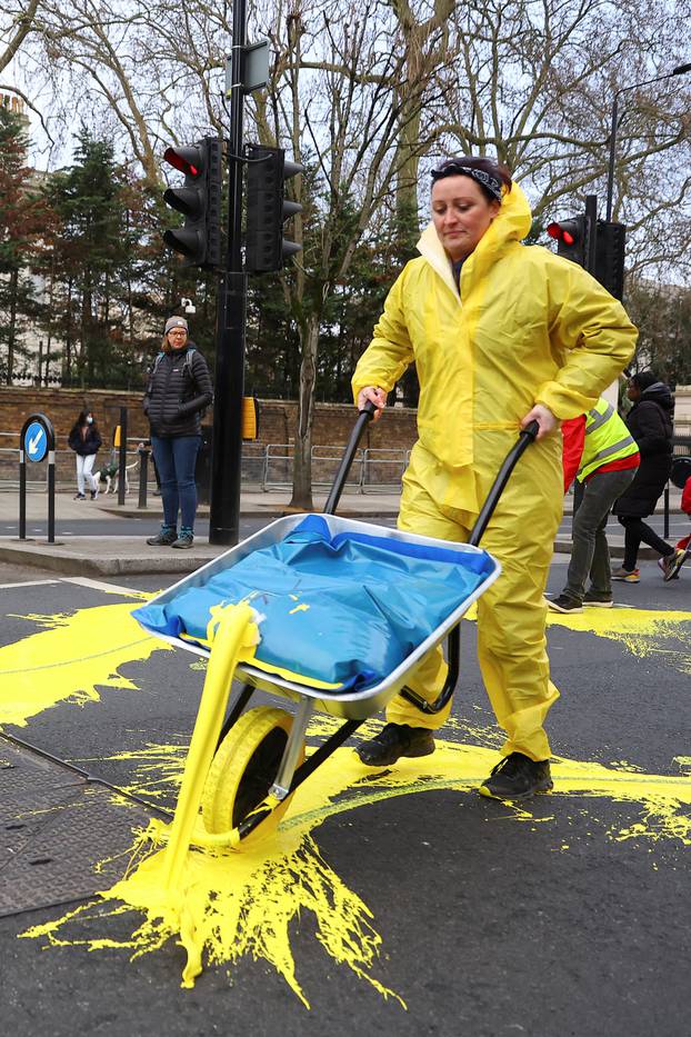 Protest group 'Led by Donkeys' demonstrate outside the Russian Embassy in London