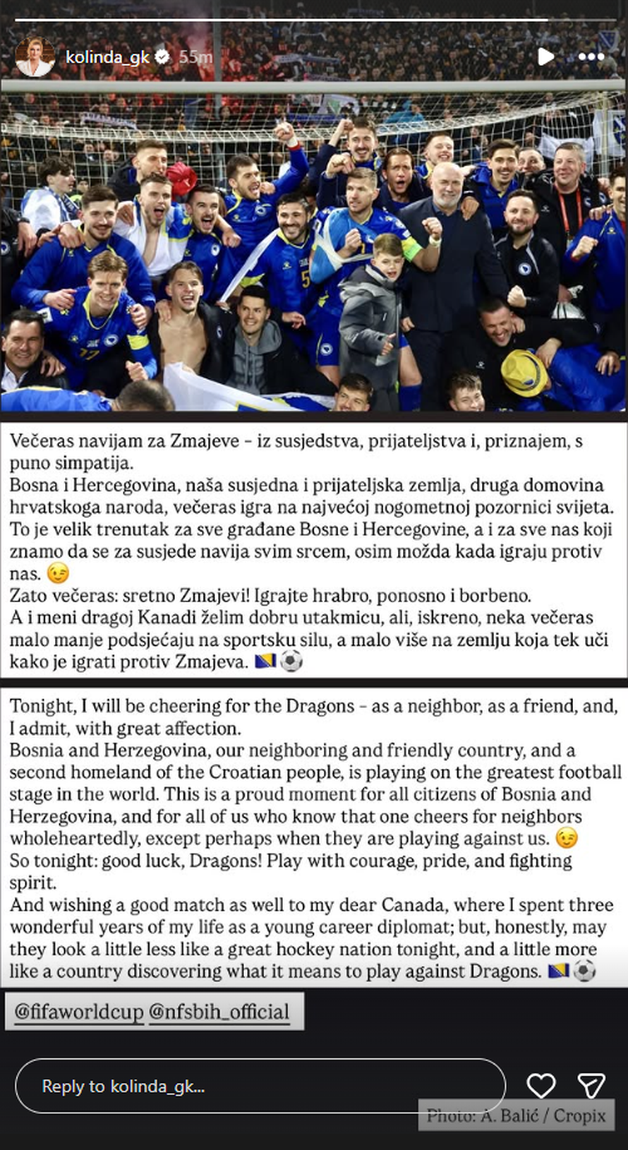 Kolinda otkrila koju će momčad bodriti večeras na Svjetskom