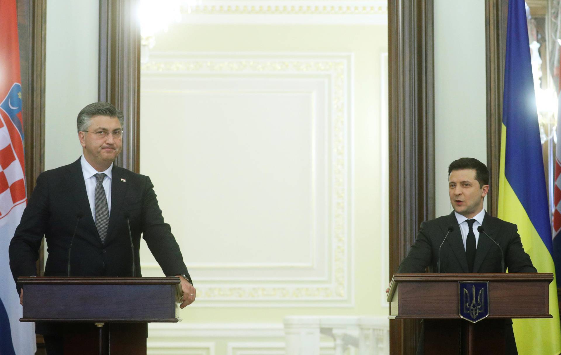 Ukrainian President Volodymyr Zelenskiy and Croatian Prime Minister Andrej Plenkovic deliver a joint statement in Kyiv
